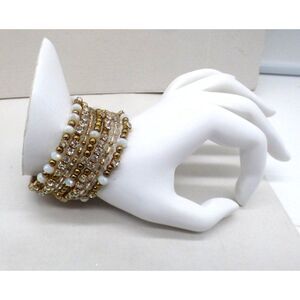 Women’s Crystal, Beads and Metal Spring Bracelet, Gold/White